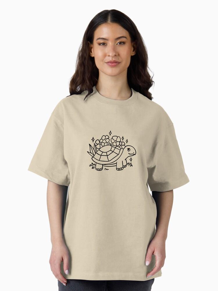 Adorable Turtle Design With Flowers And Sparkles Oversized T-Shirt - Image 3