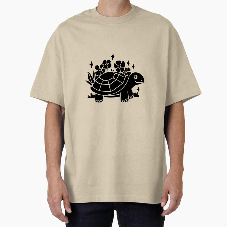 Charming Turtle Illustration With Flowers Oversized T-Shirt 