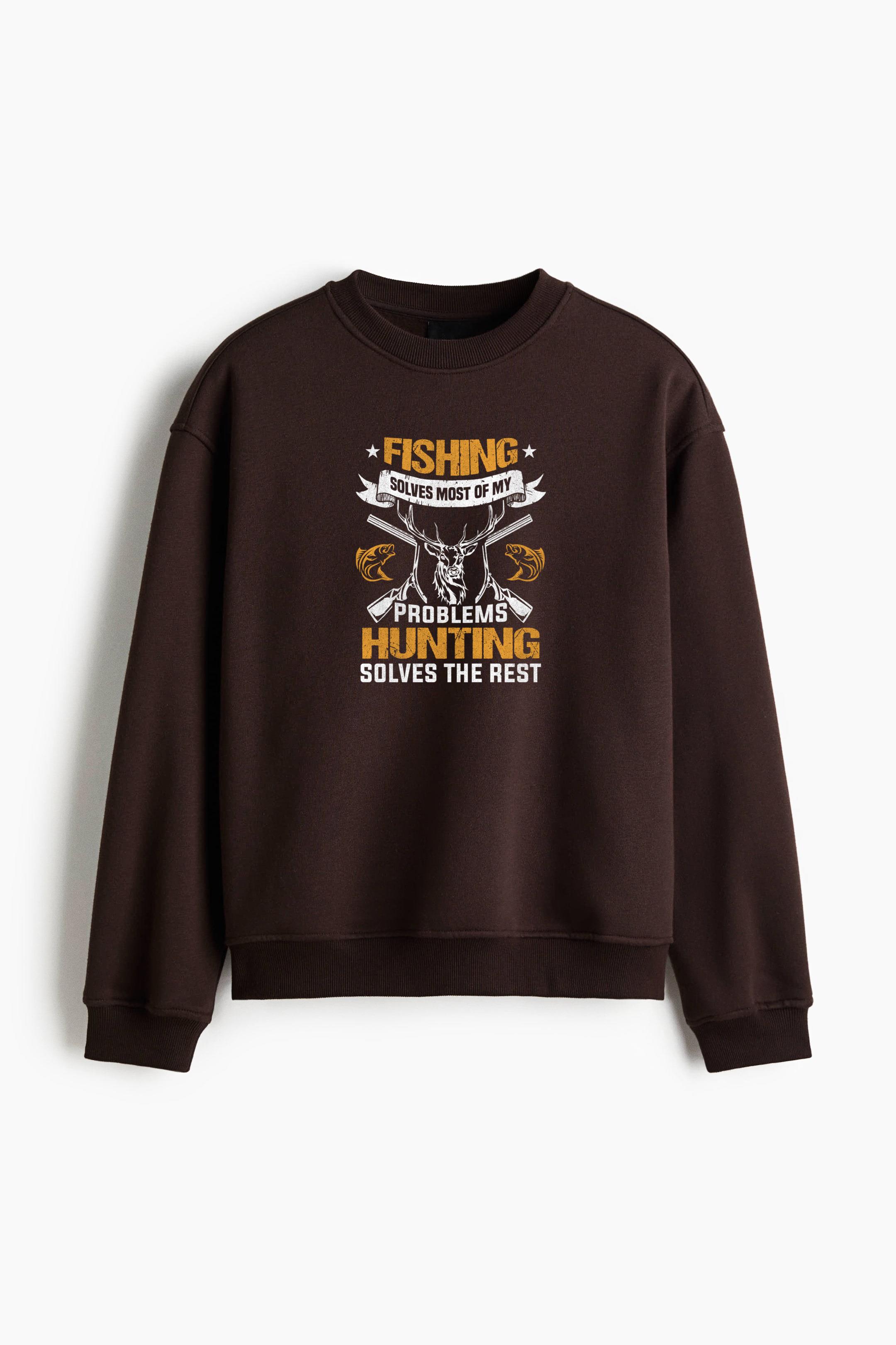 Fishing Solves Most Of My Problems Deer Regular Fit Printed Sweatshirt - Image 3