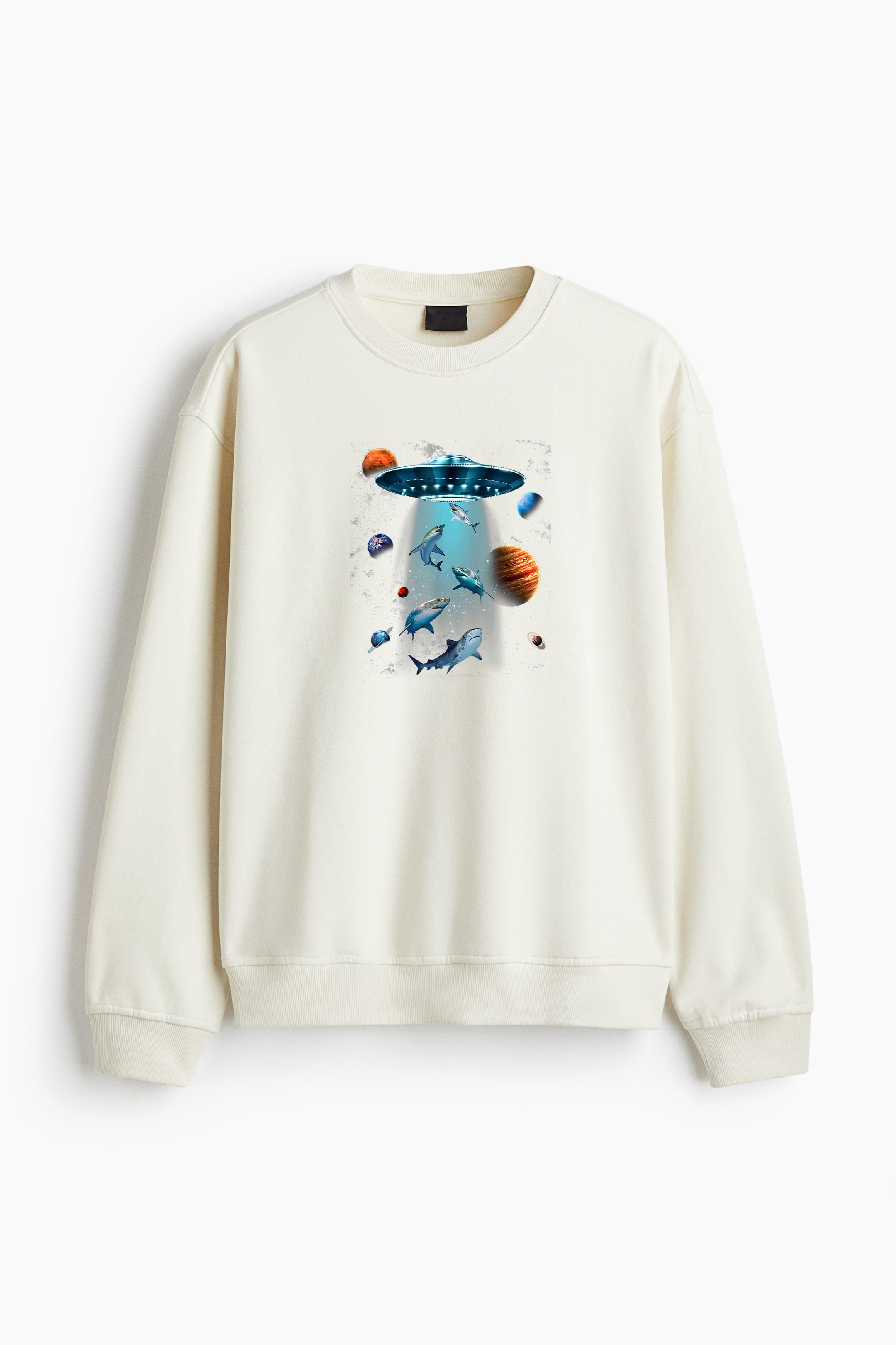 Galaxy Fish Shark Space UFO Alien Regular Fit Printed Sweatshirt - Image 4