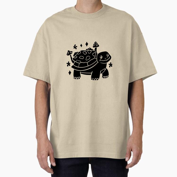 Playful Cartoon Turtle Design With Mushrooms Oversized T-Shirt 