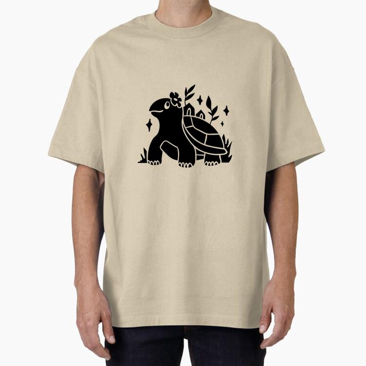 Playful Turtle Character Design With Floral Accents Oversized T-Shirt 